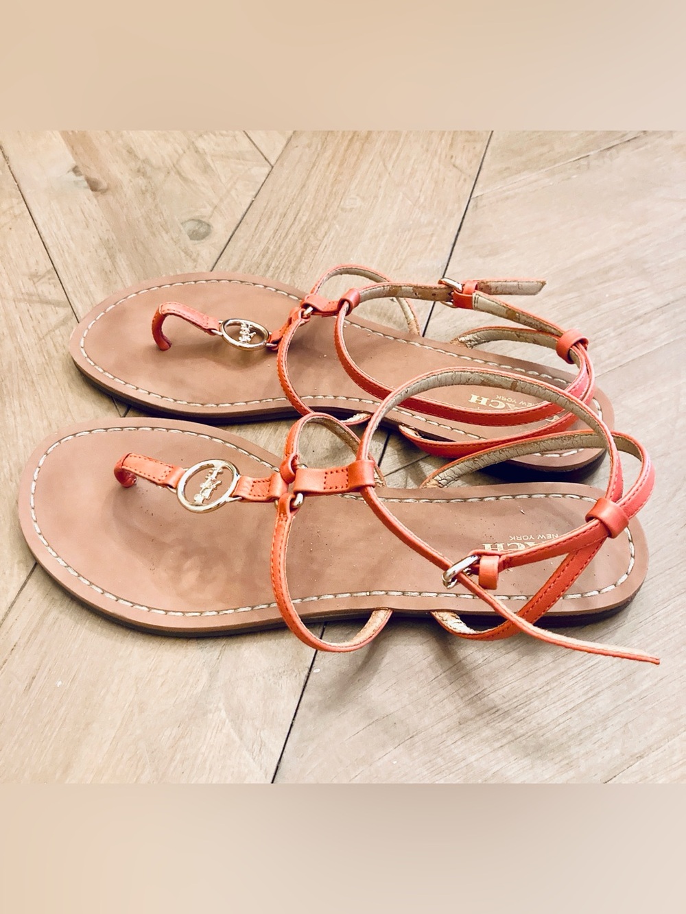 Coach Cicily T-Strap Orange Leather Sandals with Gold Accent - Picture 3 of 7